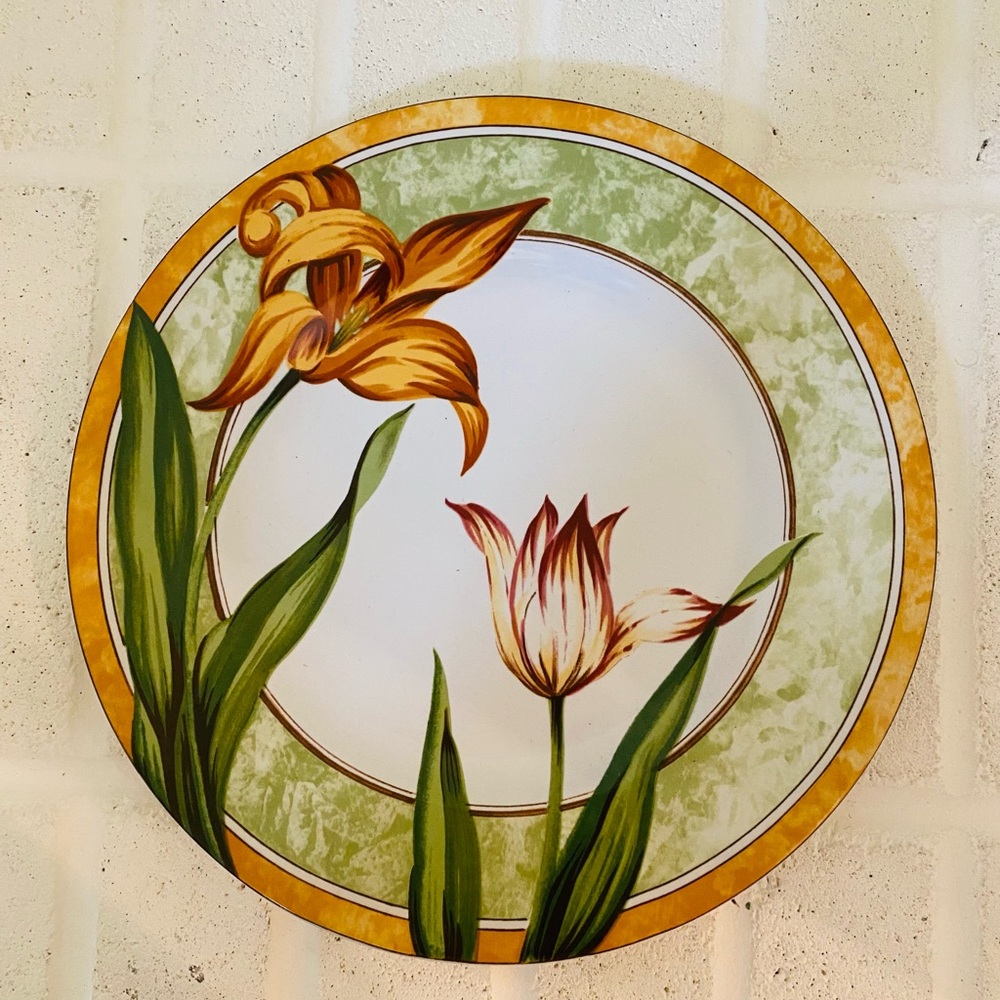 1 Dinner PLATE, 222 FIFTH pts int'l EMILY stoneware, yellow green flower 10.5”